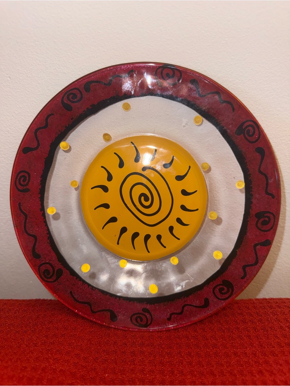 Signed Kay Young California Art Glass Plate 6.5" Hand Painted Sun Swirl Design